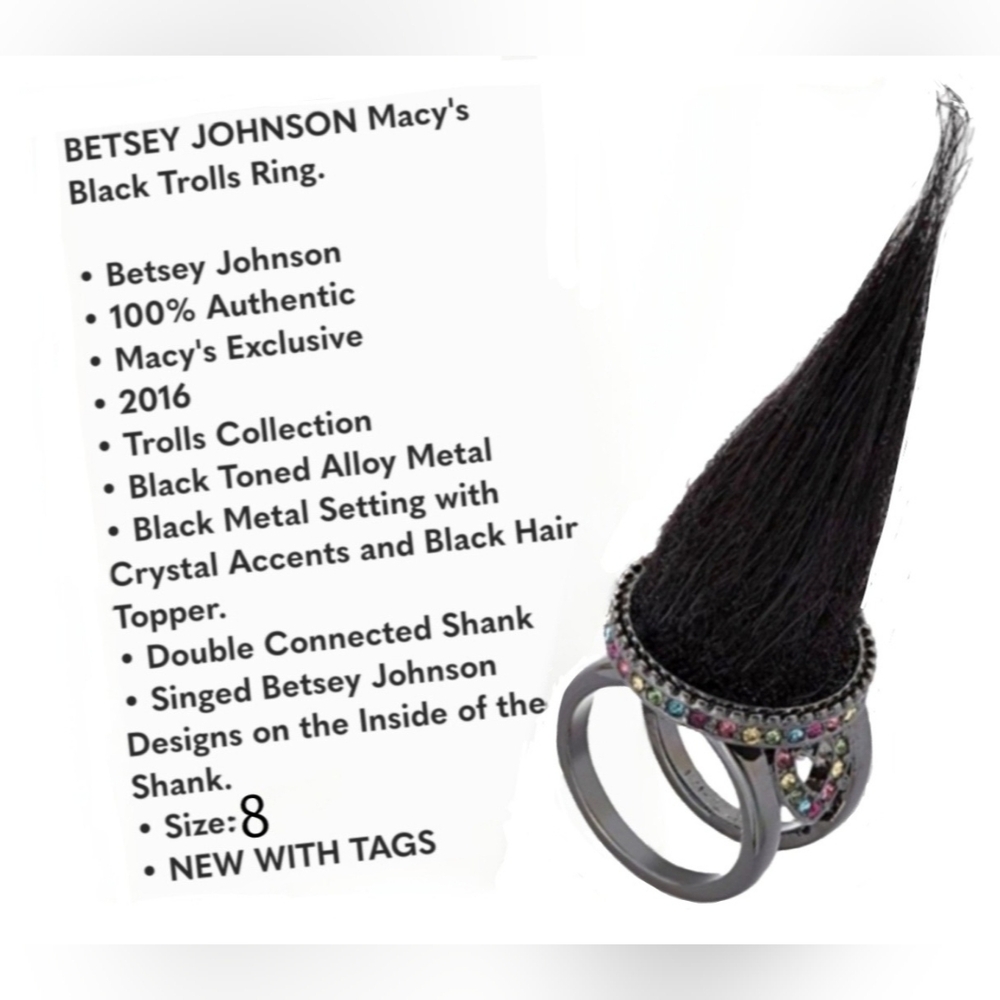 Betsey Johnson Macys 2016 Trolls gunmetal rhinestone blk hair Trolls ring 8 NWT - Picture 8 of 17